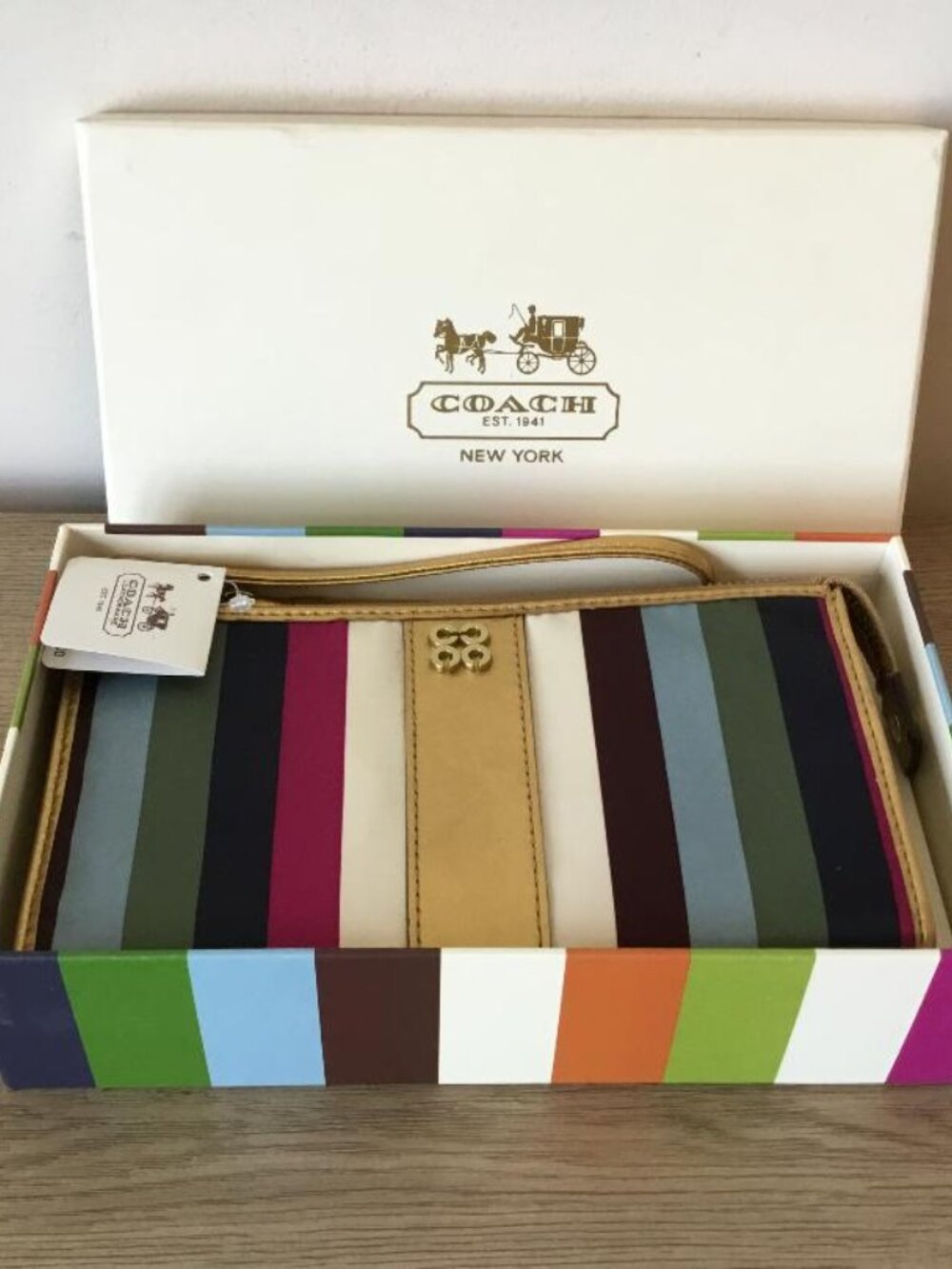 Coach Multicolor Stripe Leather Wristlet - Tan Trim